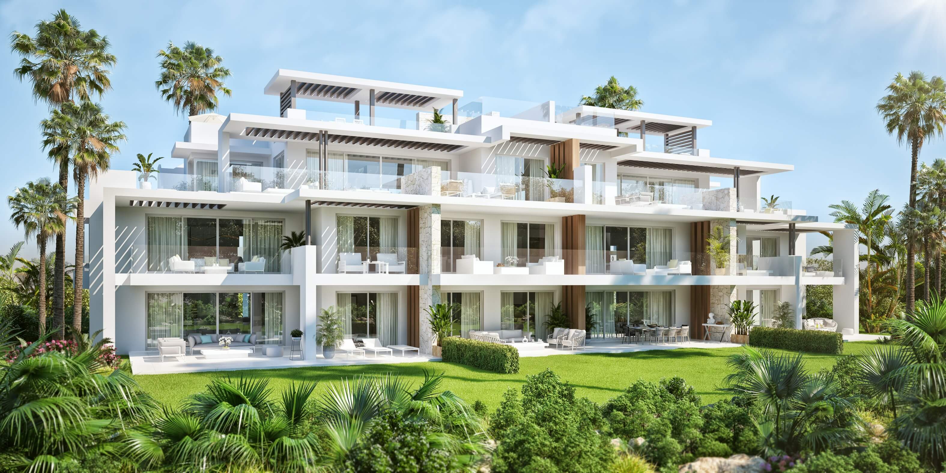 Gebouw met ruime terrassen en tuin