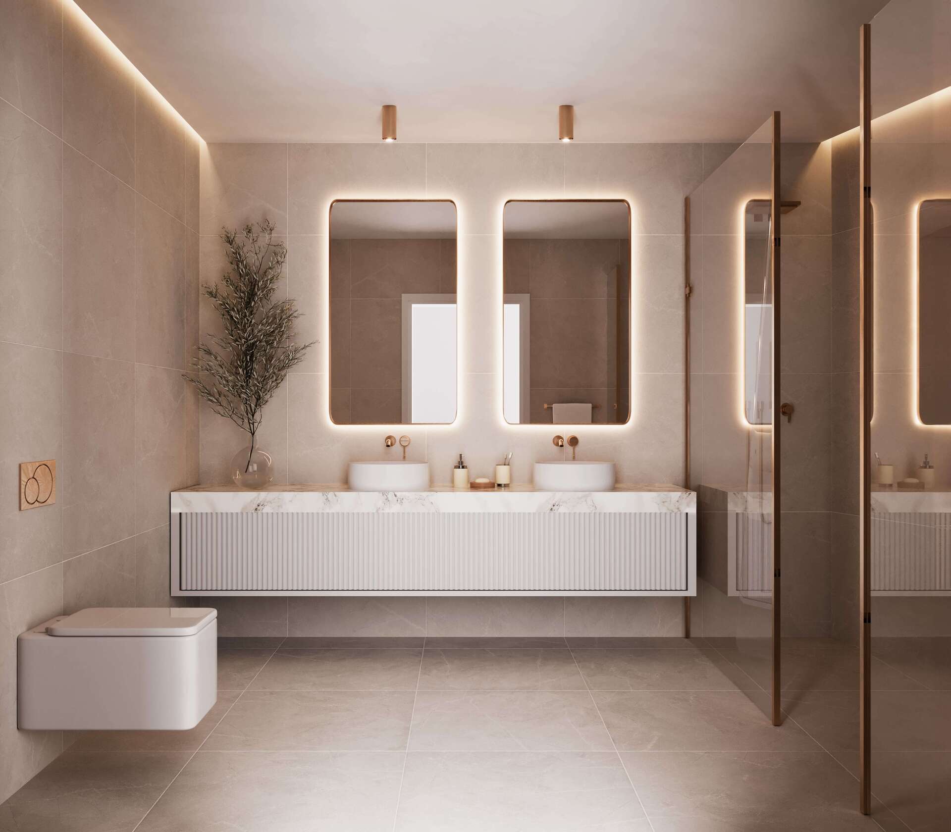 Badkamer met dubbele wastafel