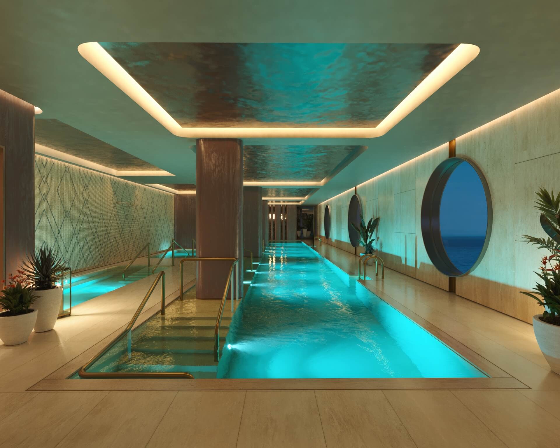 Spa met verlicht zwembad en ronde raampartijen op zee