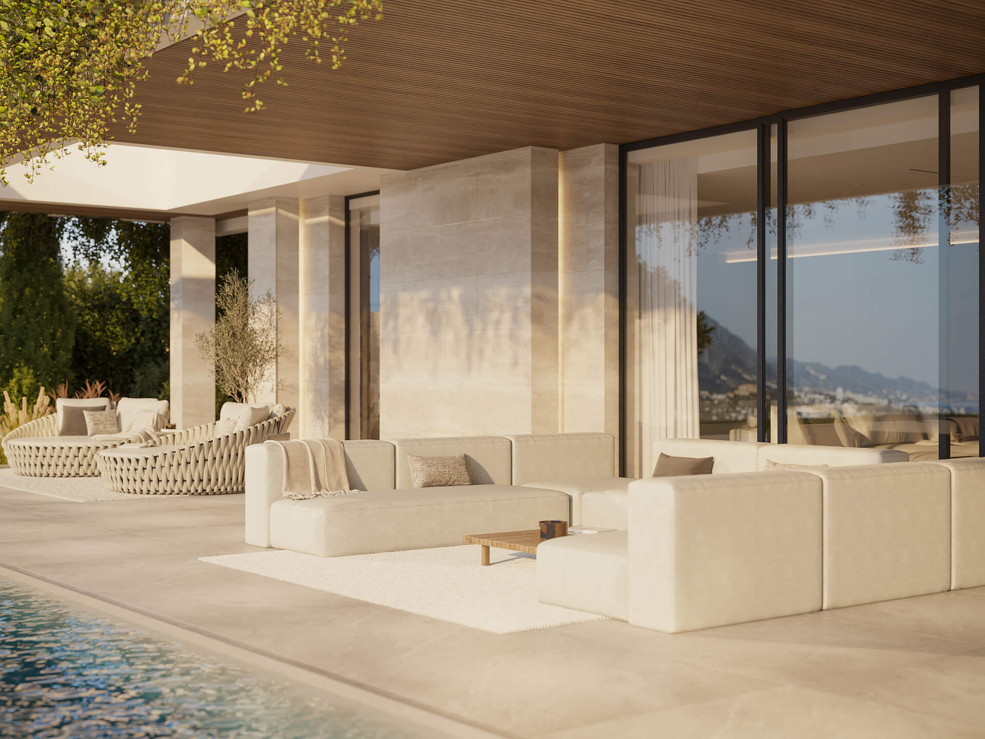 Terras met loungeset en panoramisch uitzicht
