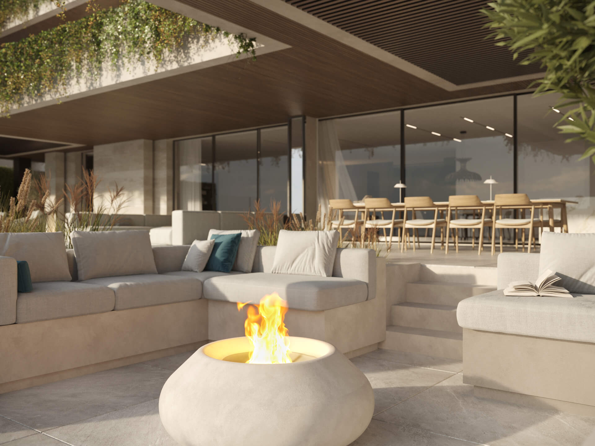 Terras met vuurplaats