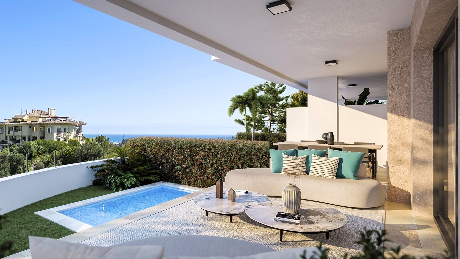 Ruim terras met loungeset en tuin