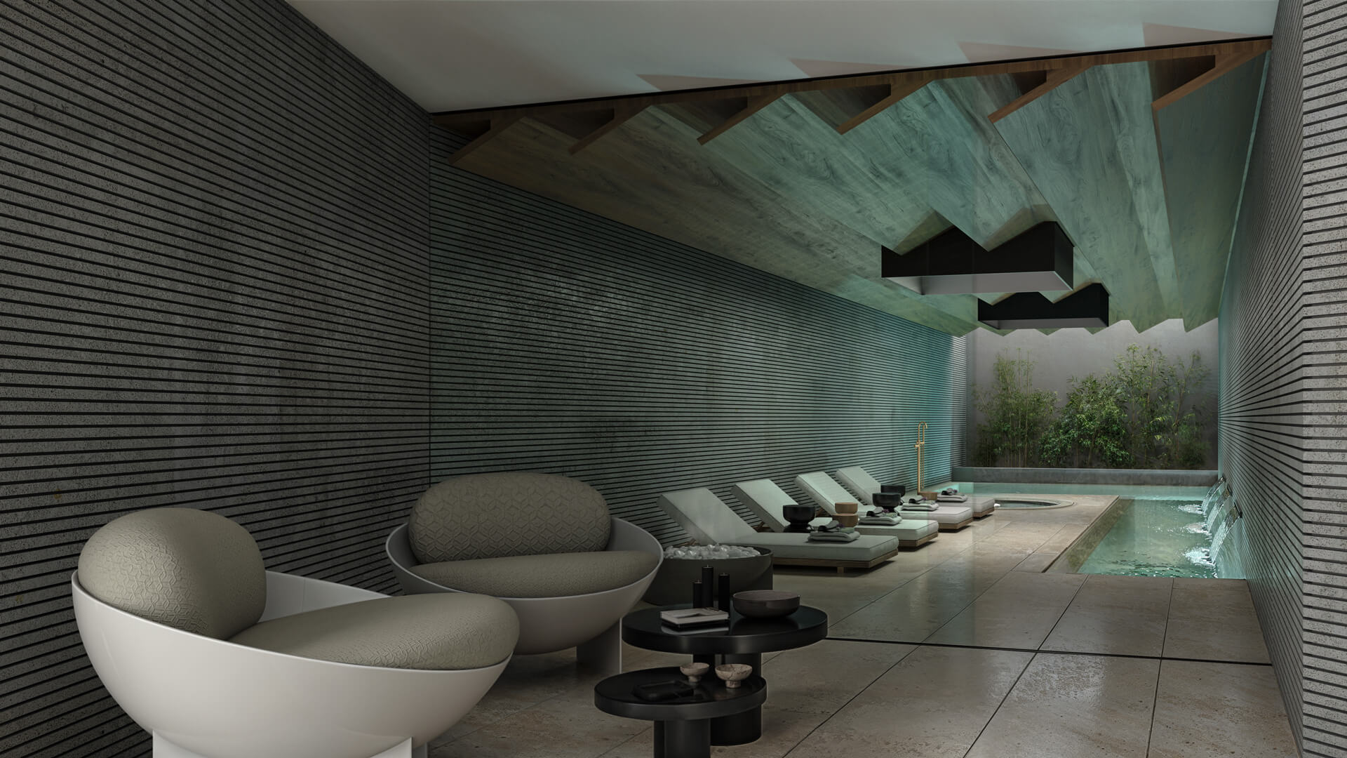 Spa met loungeruimte en verlichte plafonds