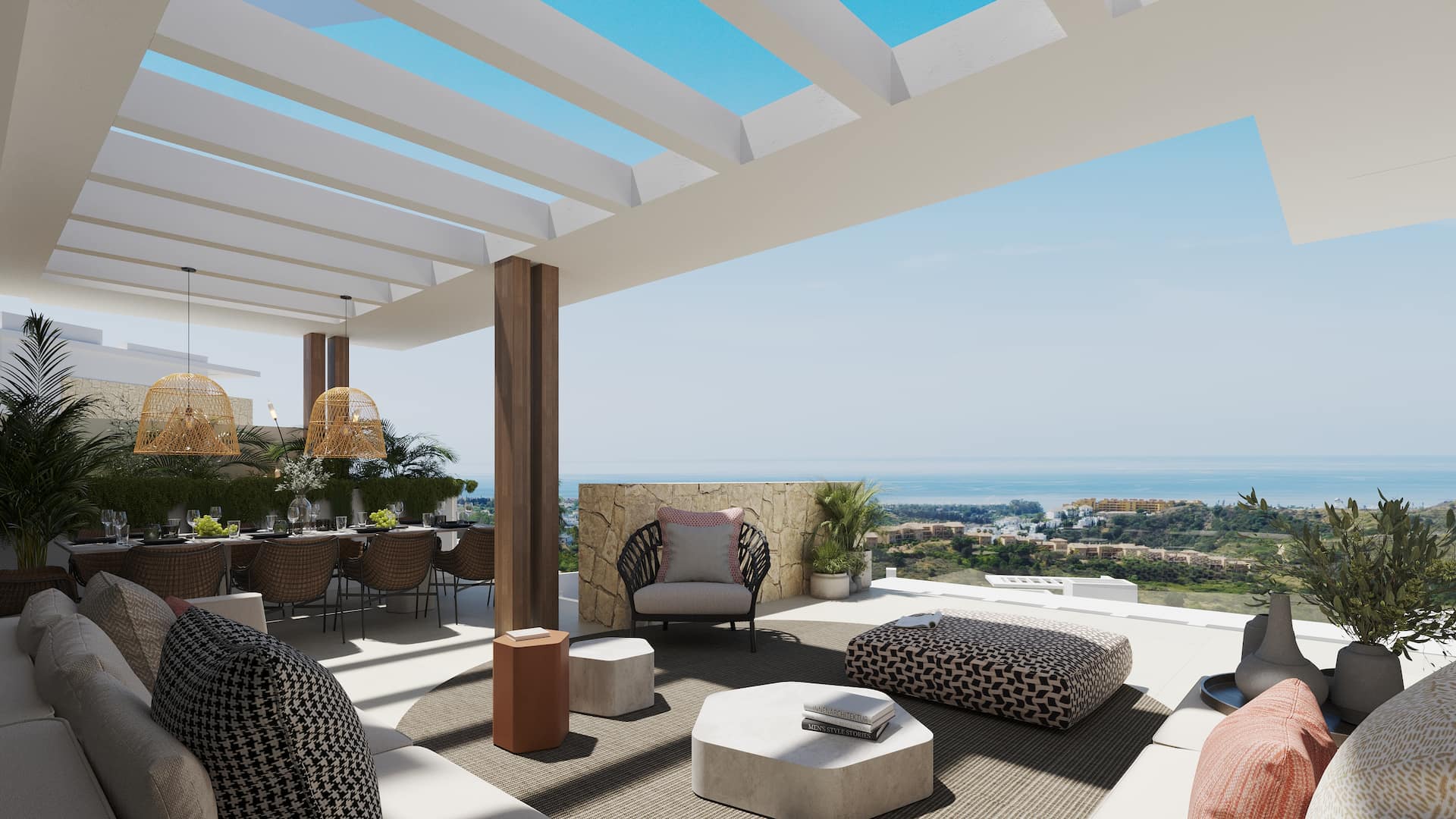 Wooncomplex met terrassen en palmbomen