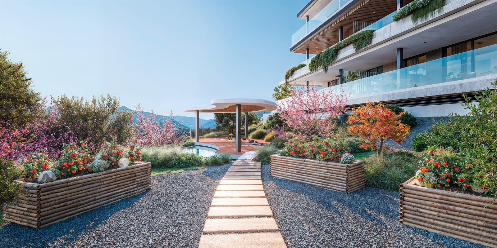 Tuinpad met pergola tussen de gebouwen