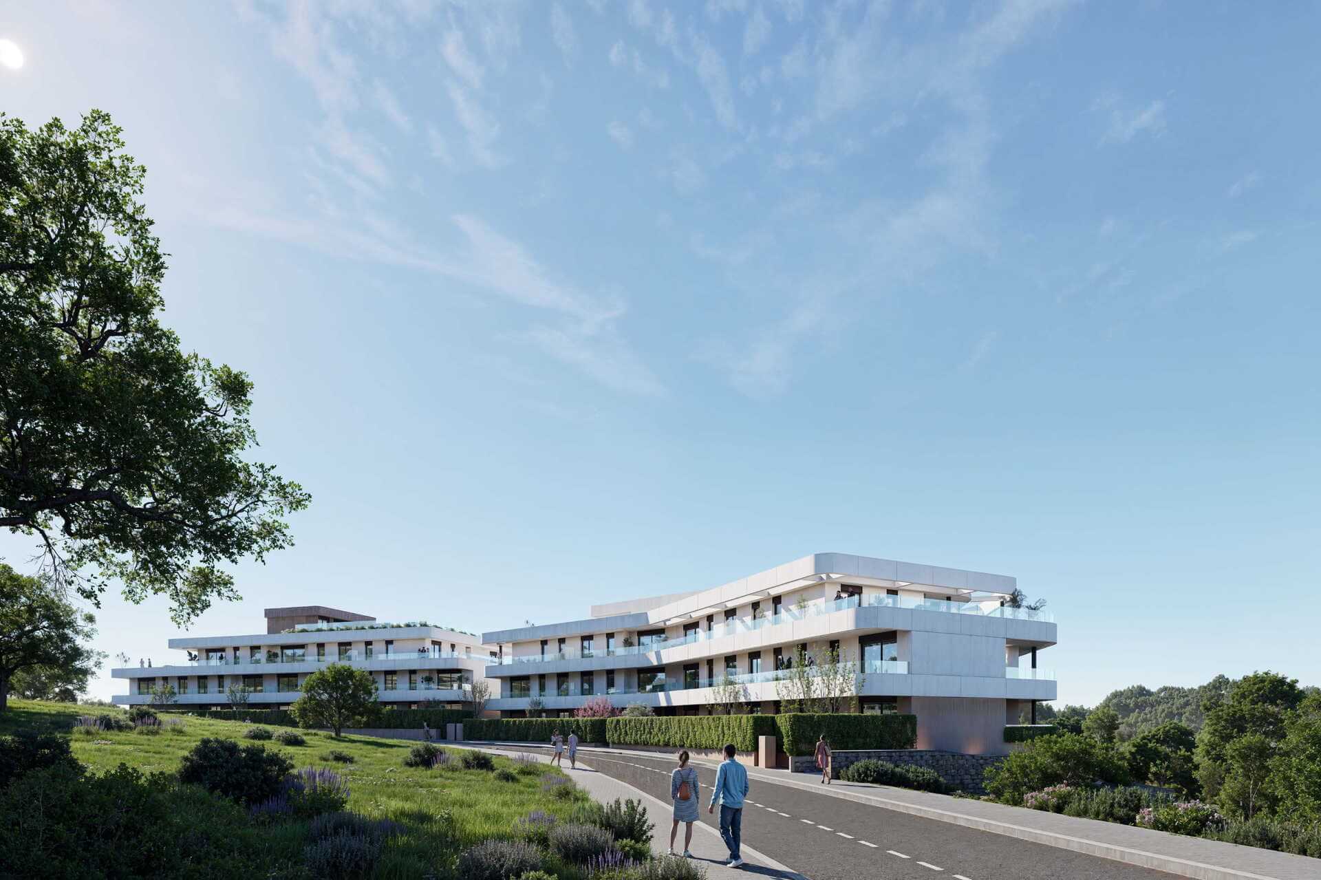 Aanzicht van het wooncomplex vanaf de straat