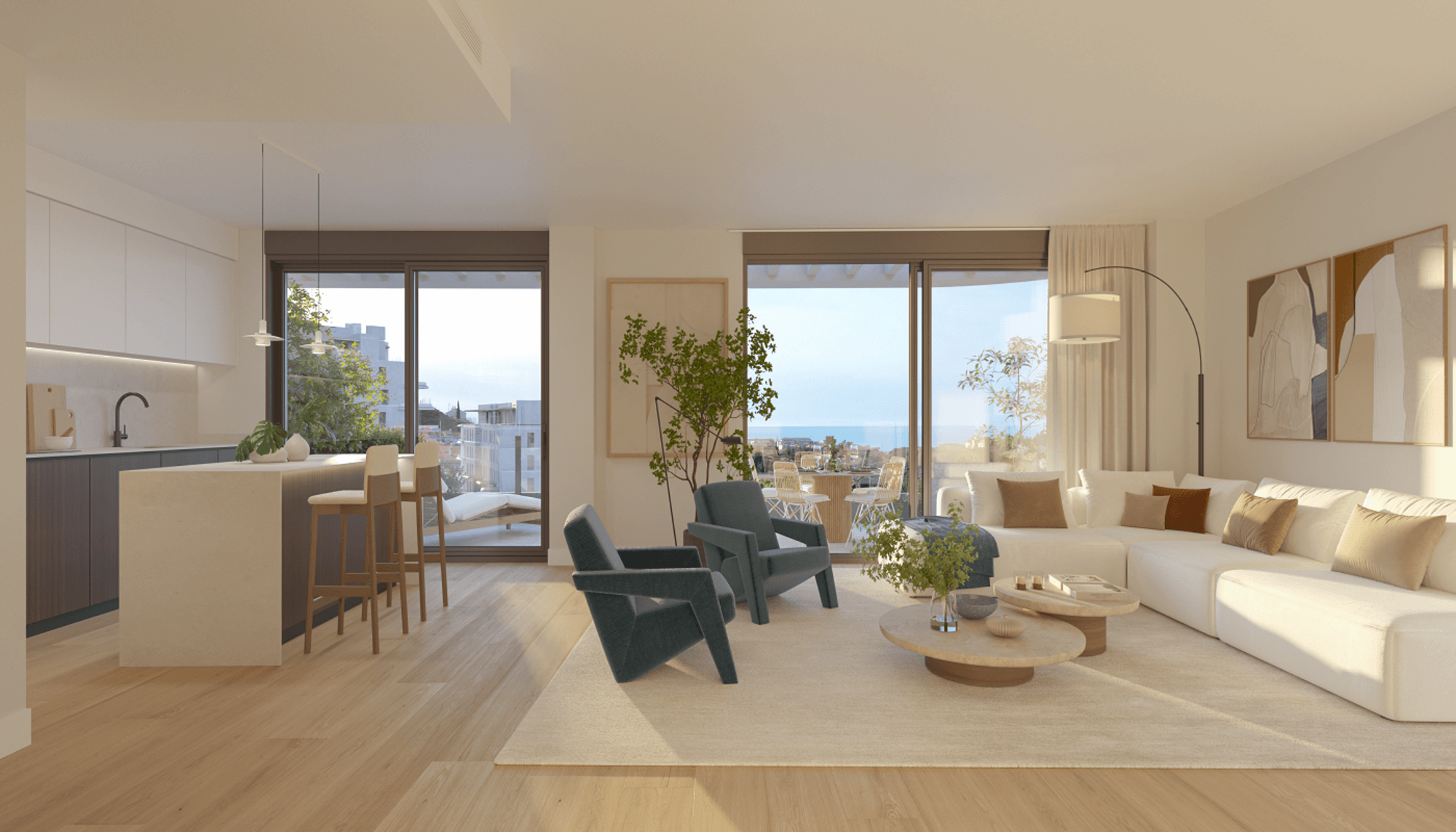 Woonkamer met balkon en zeezicht