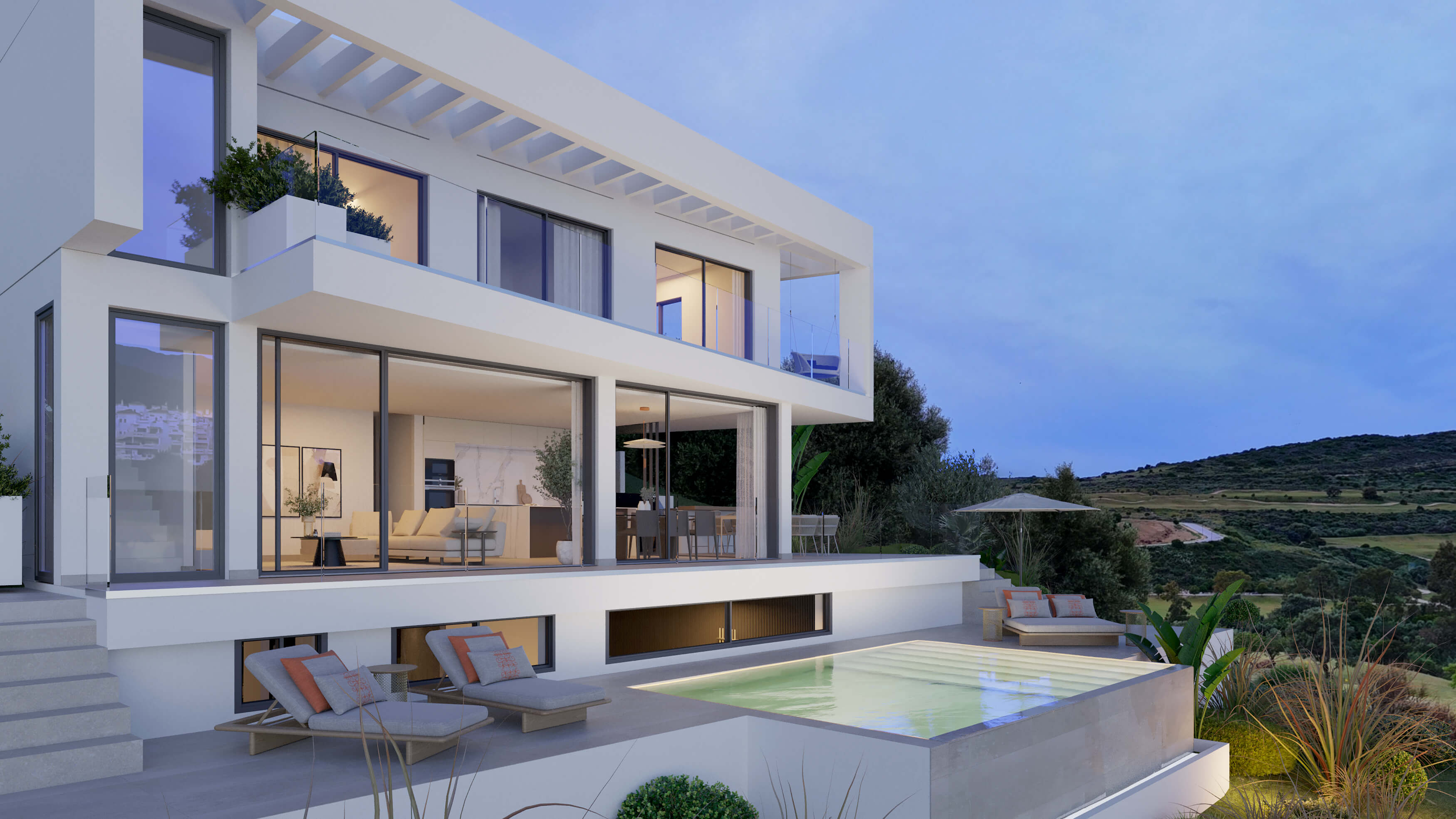 Villa met zwembad bij avondlicht