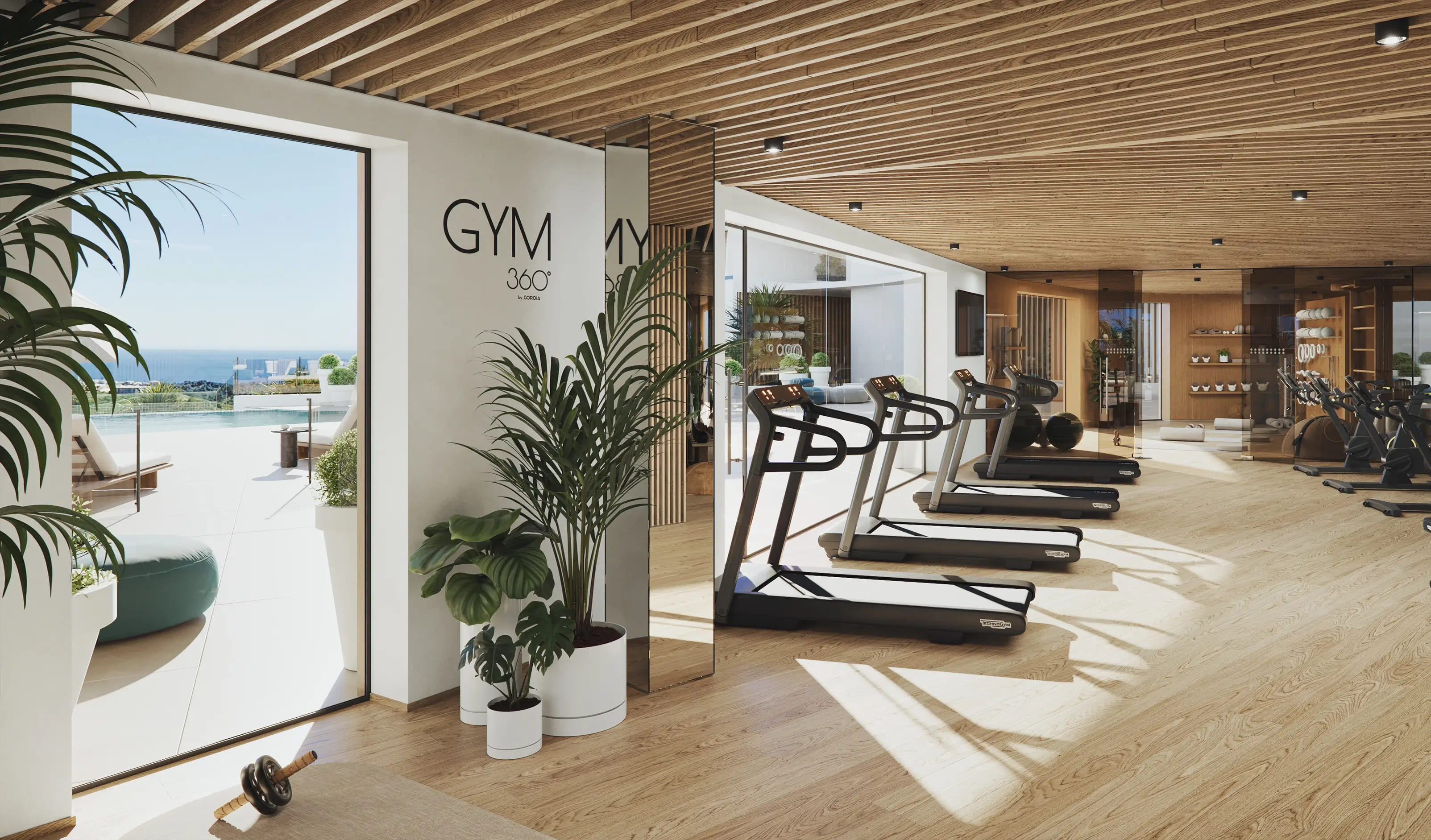Volledig uitgeruste fitnessruimte met panoramisch uitzicht