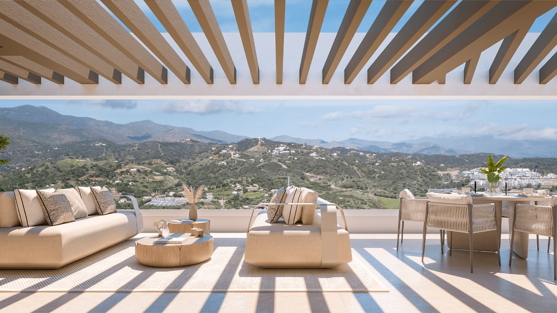 Terras met bergzicht onder pergola met schaduwlijnen