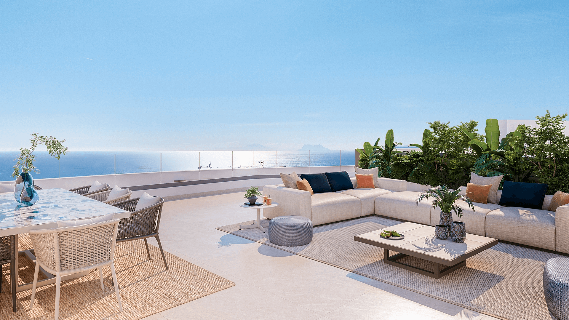 Terras met panoramisch zeezicht en outdoor loungeset