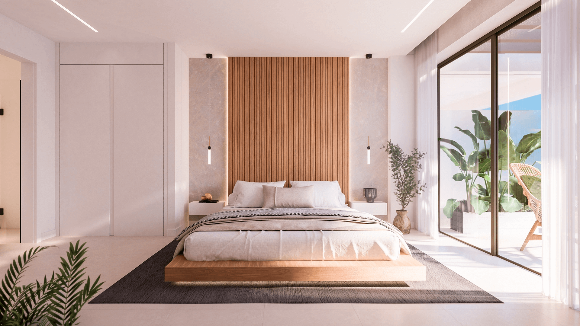 Minimalistische slaapkamer met houten lamellen hoofdeinde en toegang tot het terras