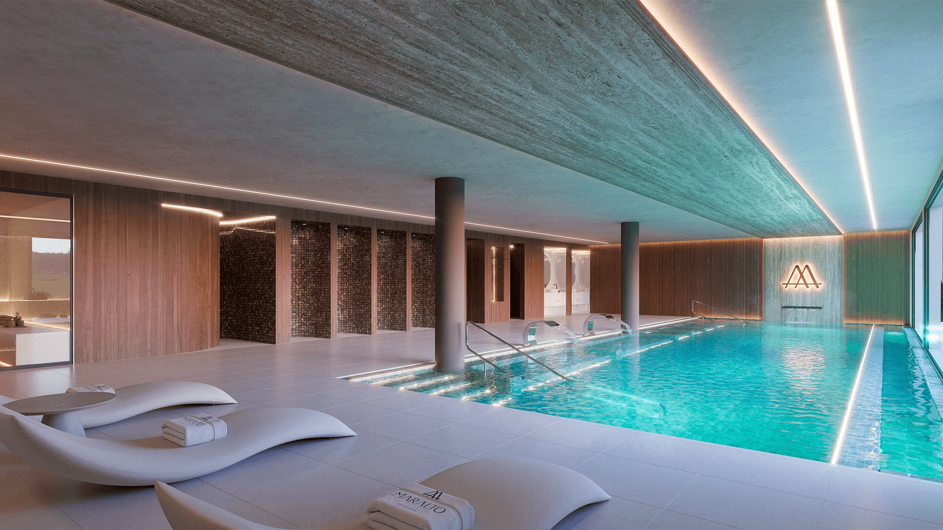 Indoor spa met verlicht zwembad, betonnen plafond en Maralto-logo