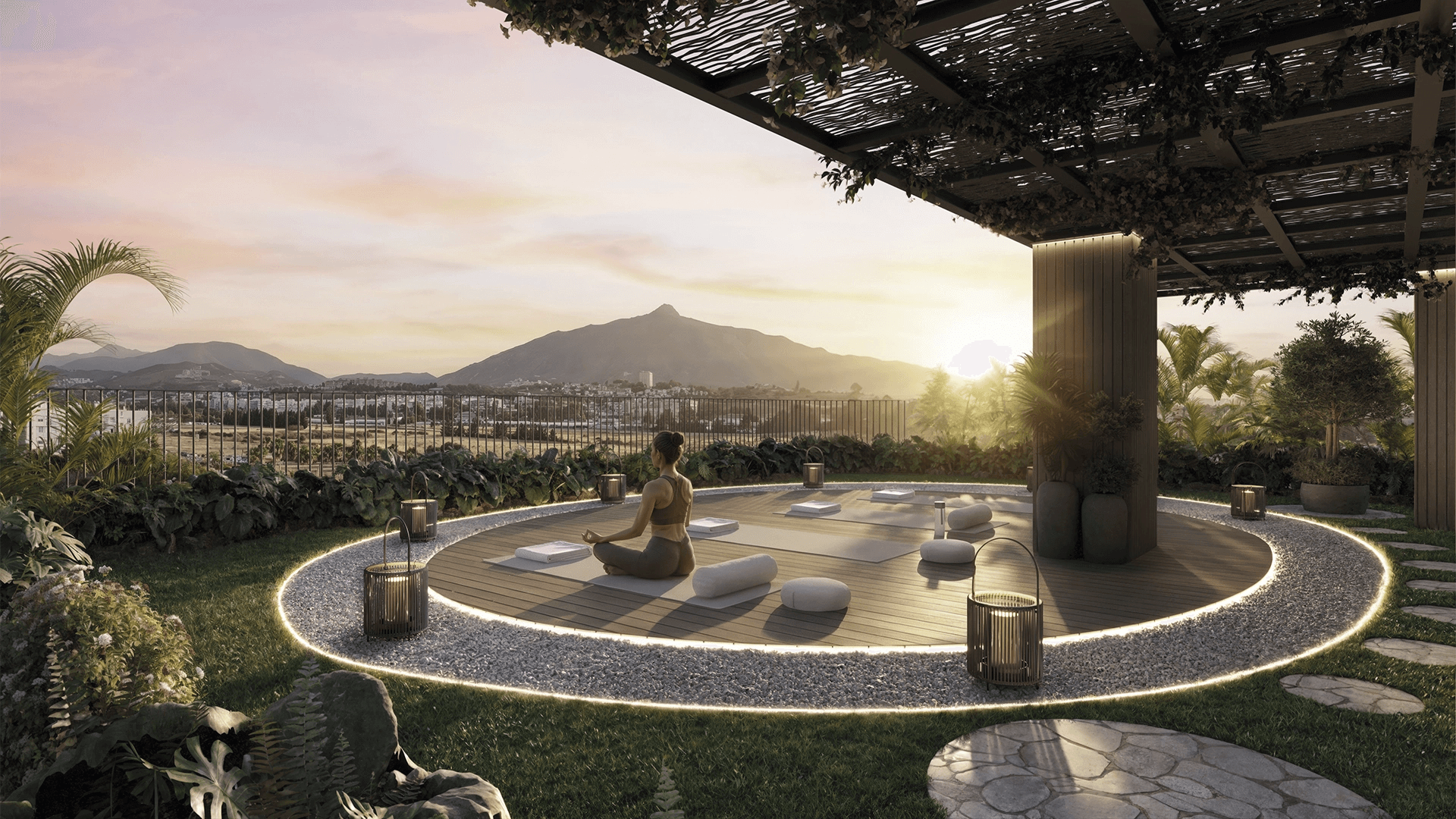 Rooftop yoga-ruimte bij zonsondergang