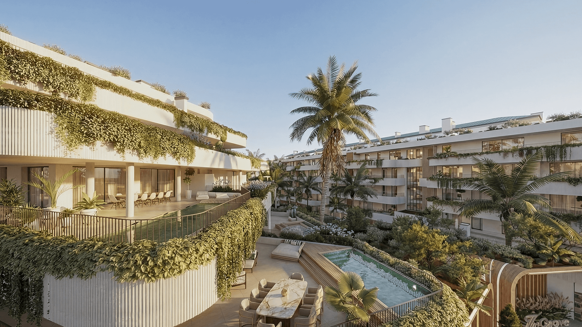 Appartementencomplex met zwembad en palmbomen
