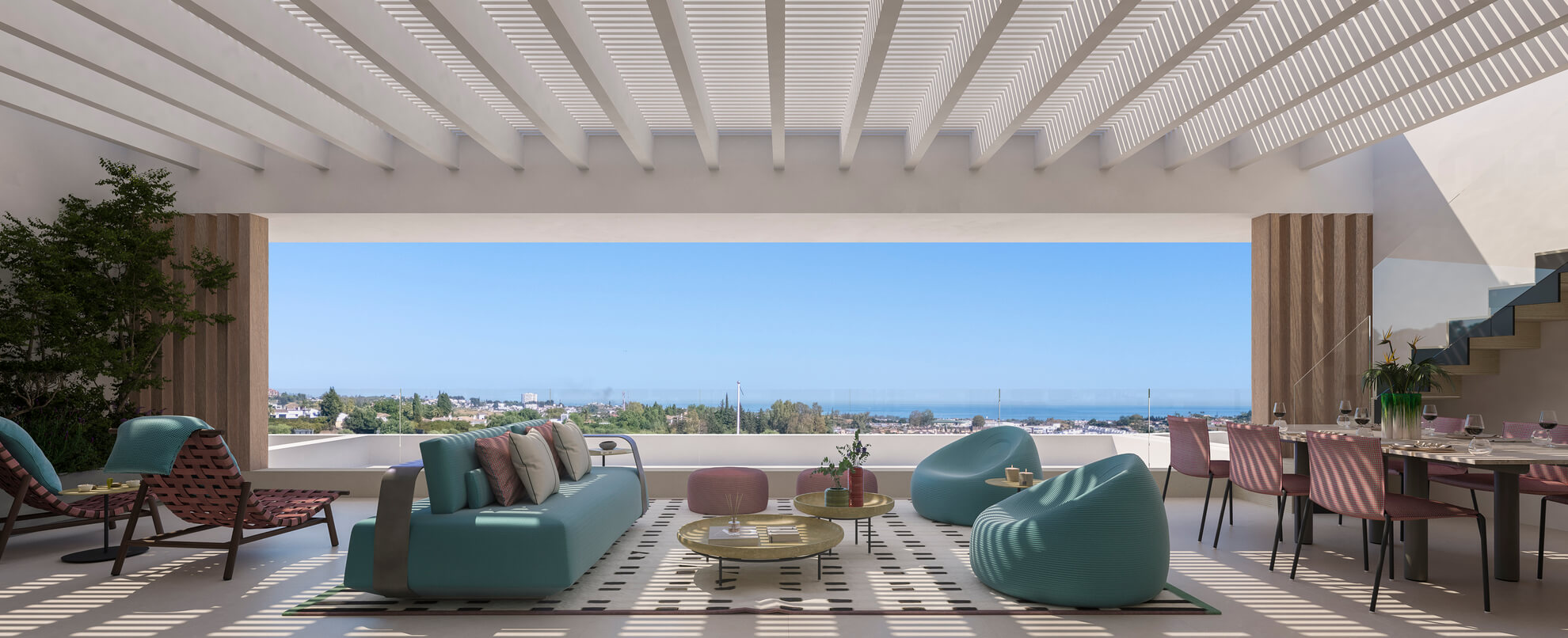 Terras met pergola en loungezetels