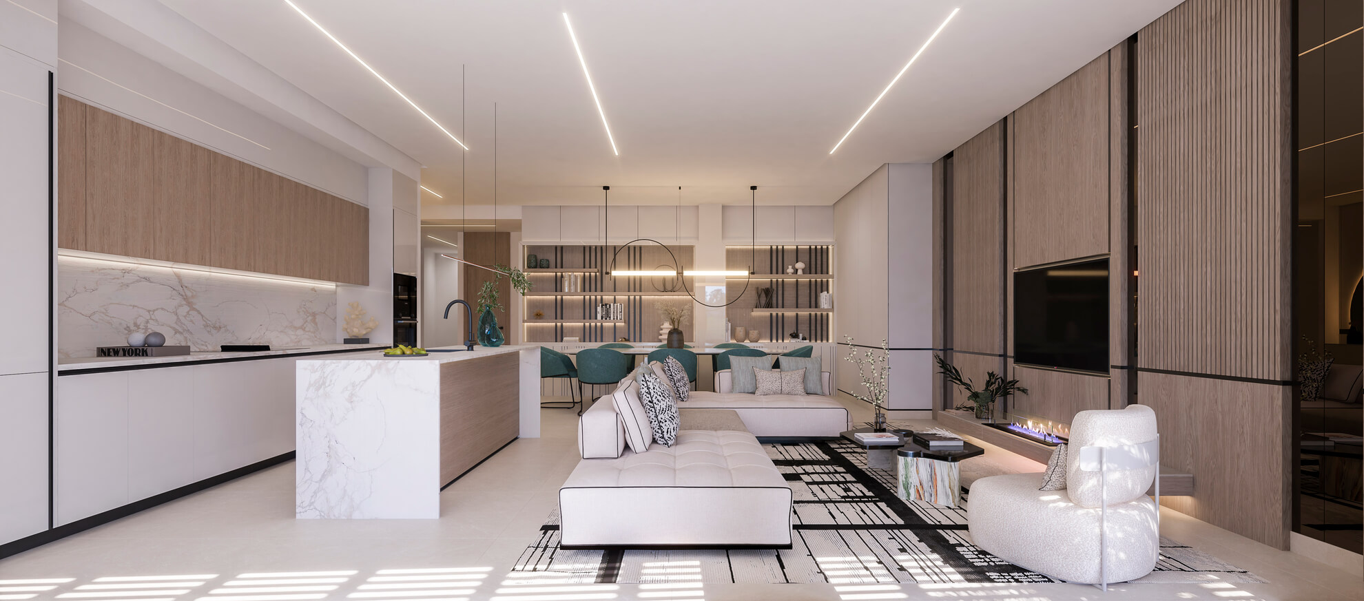Open keuken met eiland en aansluitende woonkamer