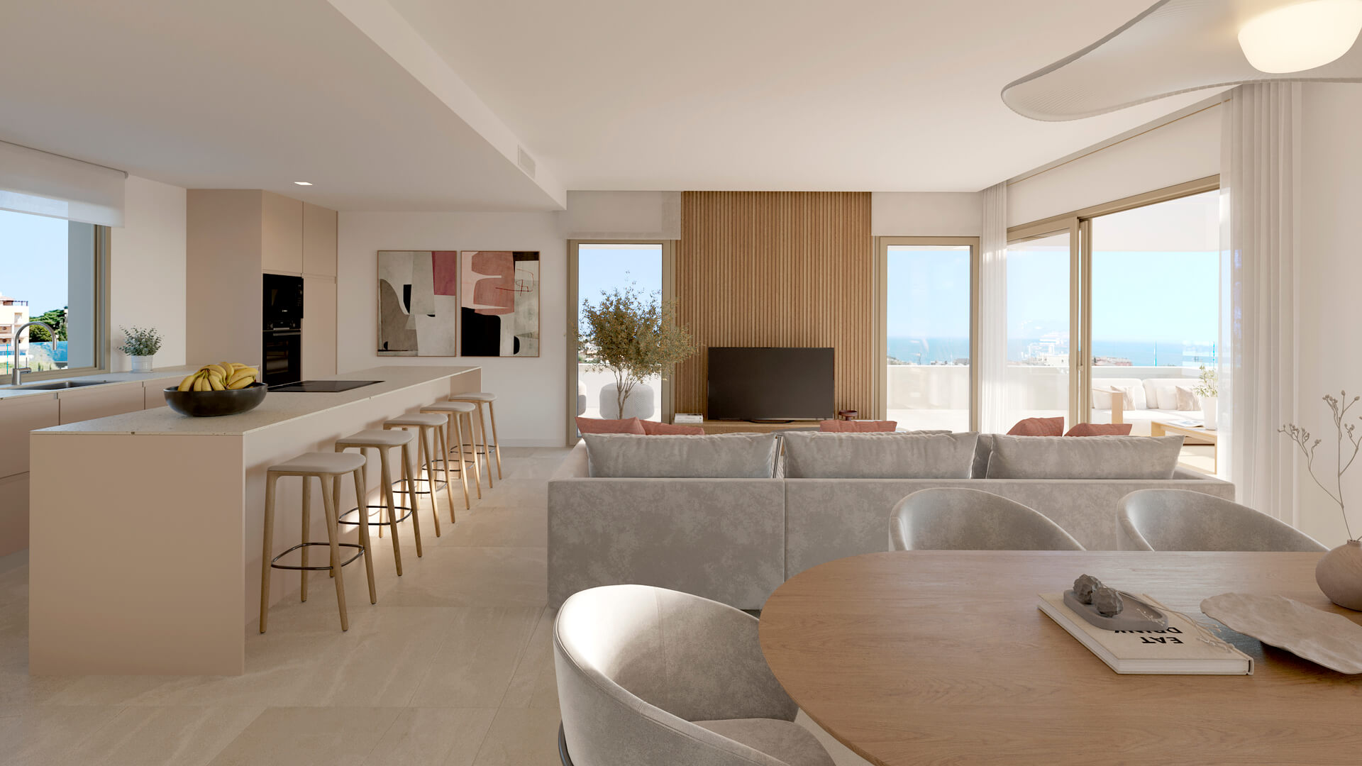 Woonkamer van een penthouse met open keuken