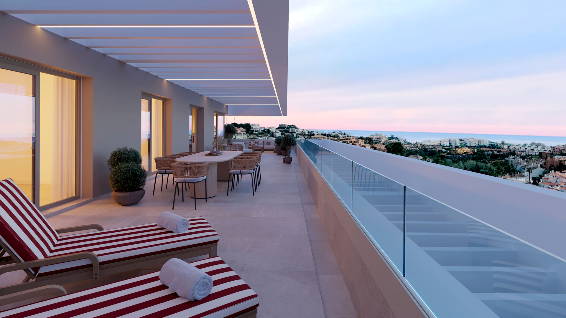 Dakterras van een penthouse bij zonsondergang