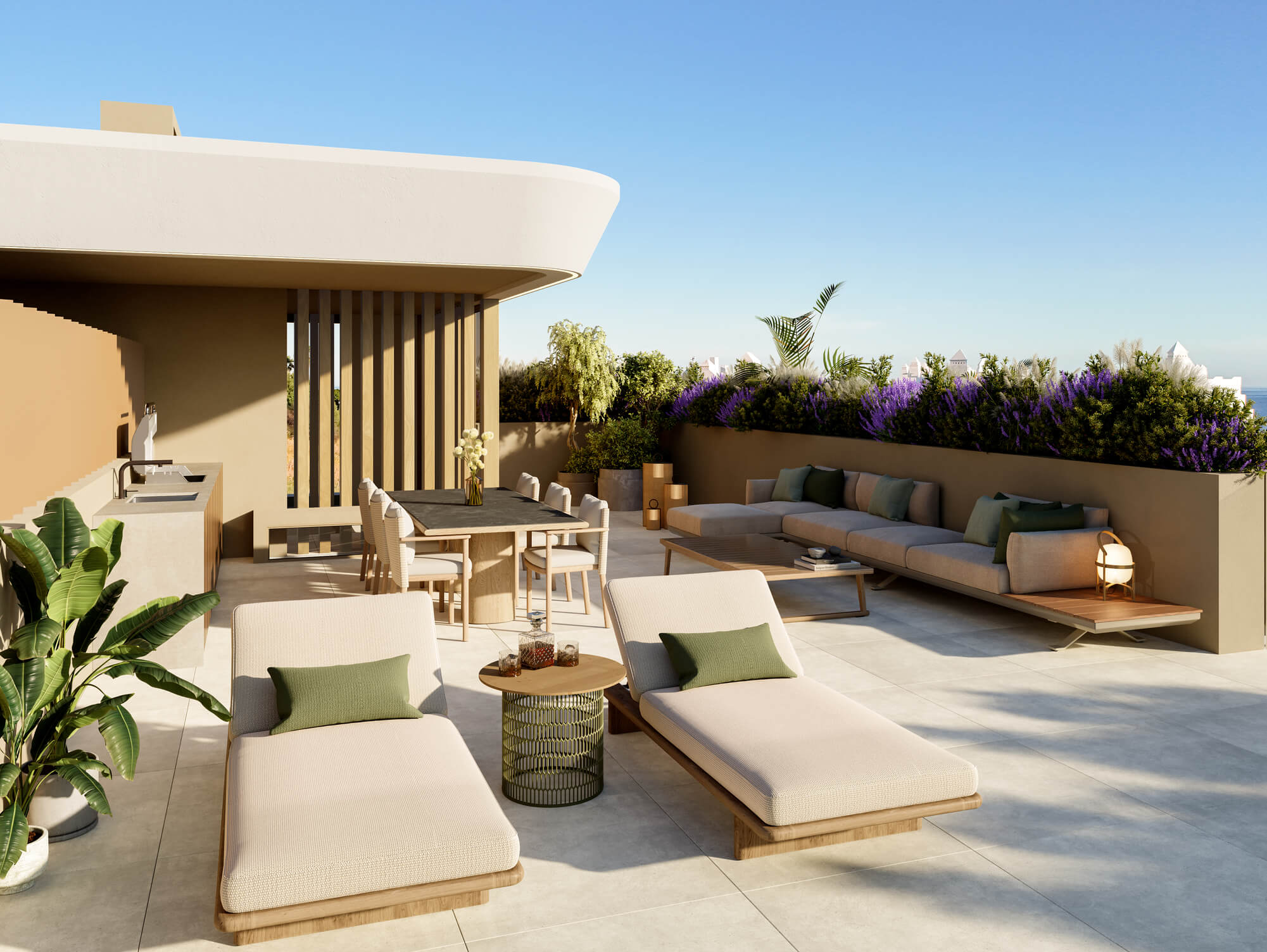 Terras met ligbedden op het solarium
