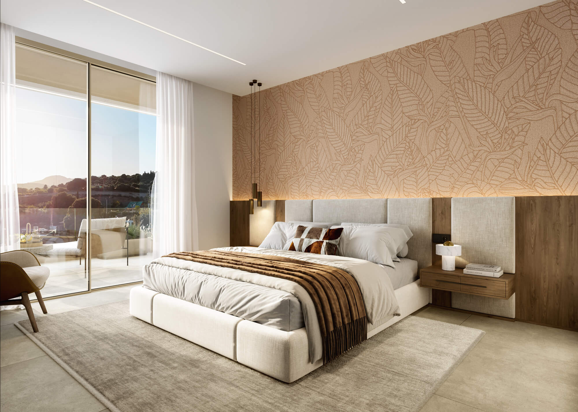 Slaapkamer met warme, natuurlijke tinten