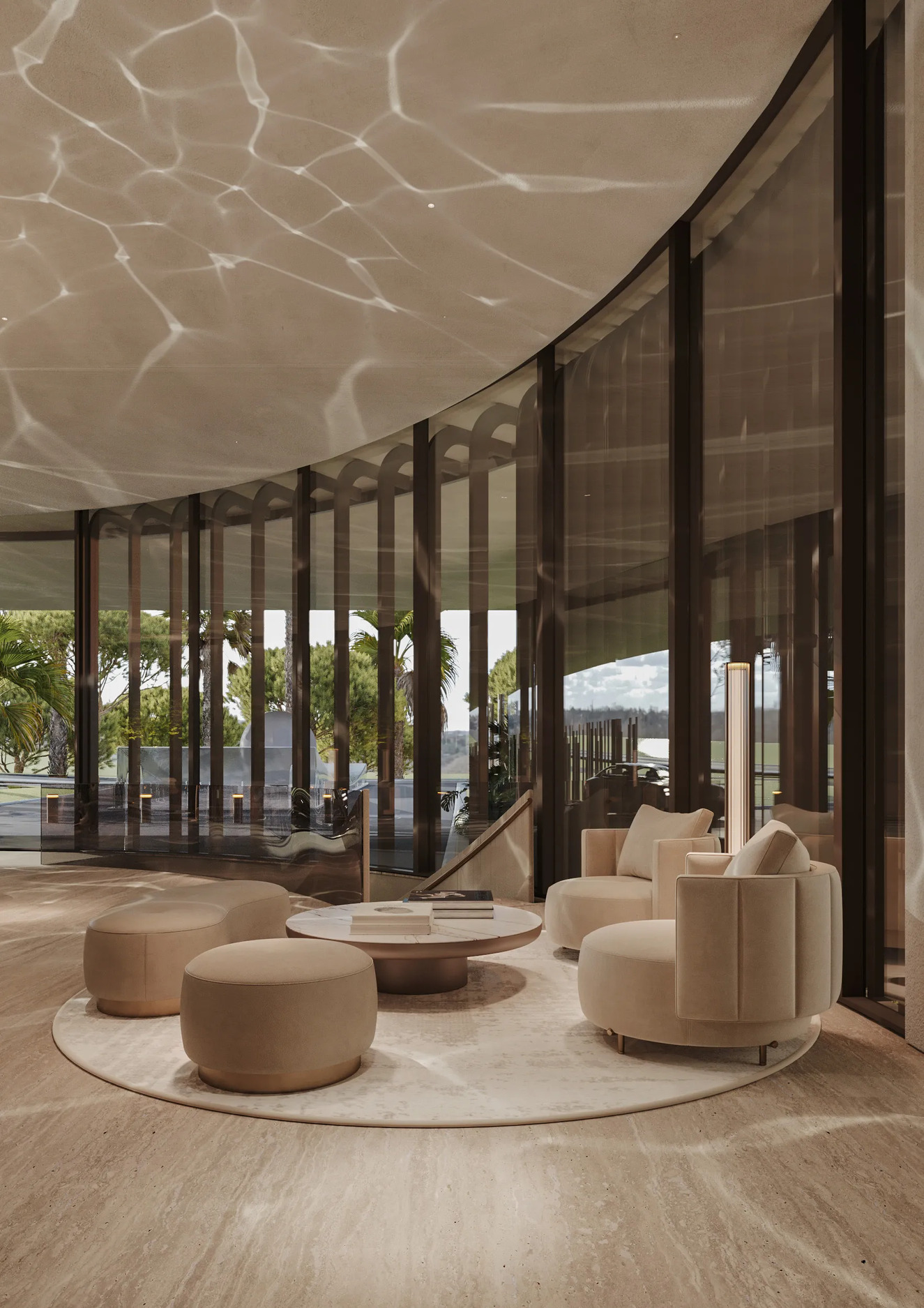 Lobby met gebogen glazen wand