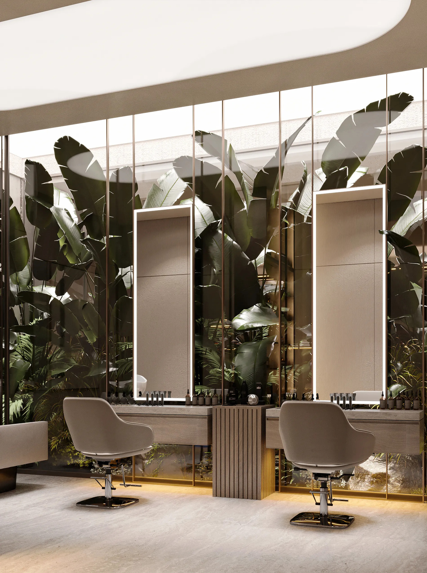 Beautysalon met spiegels en groen
