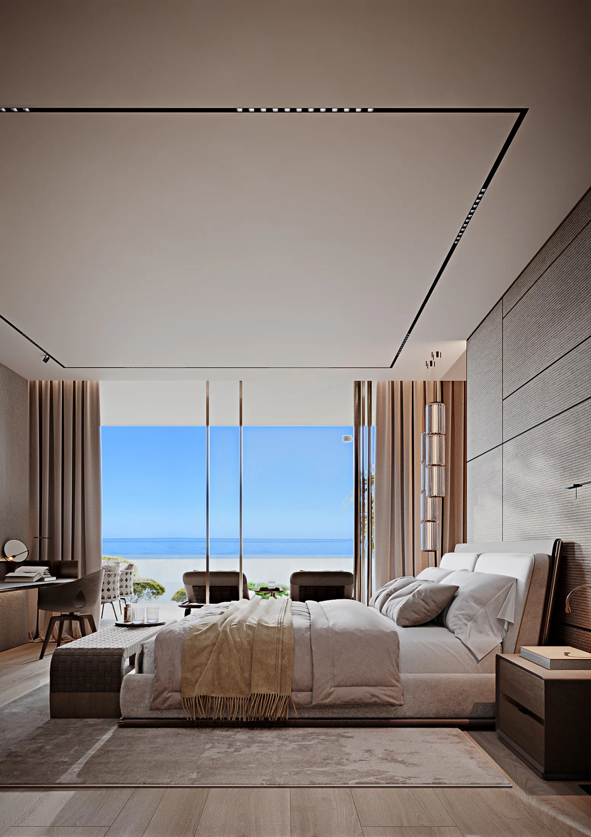 Slaapkamer met panoramisch zeezicht