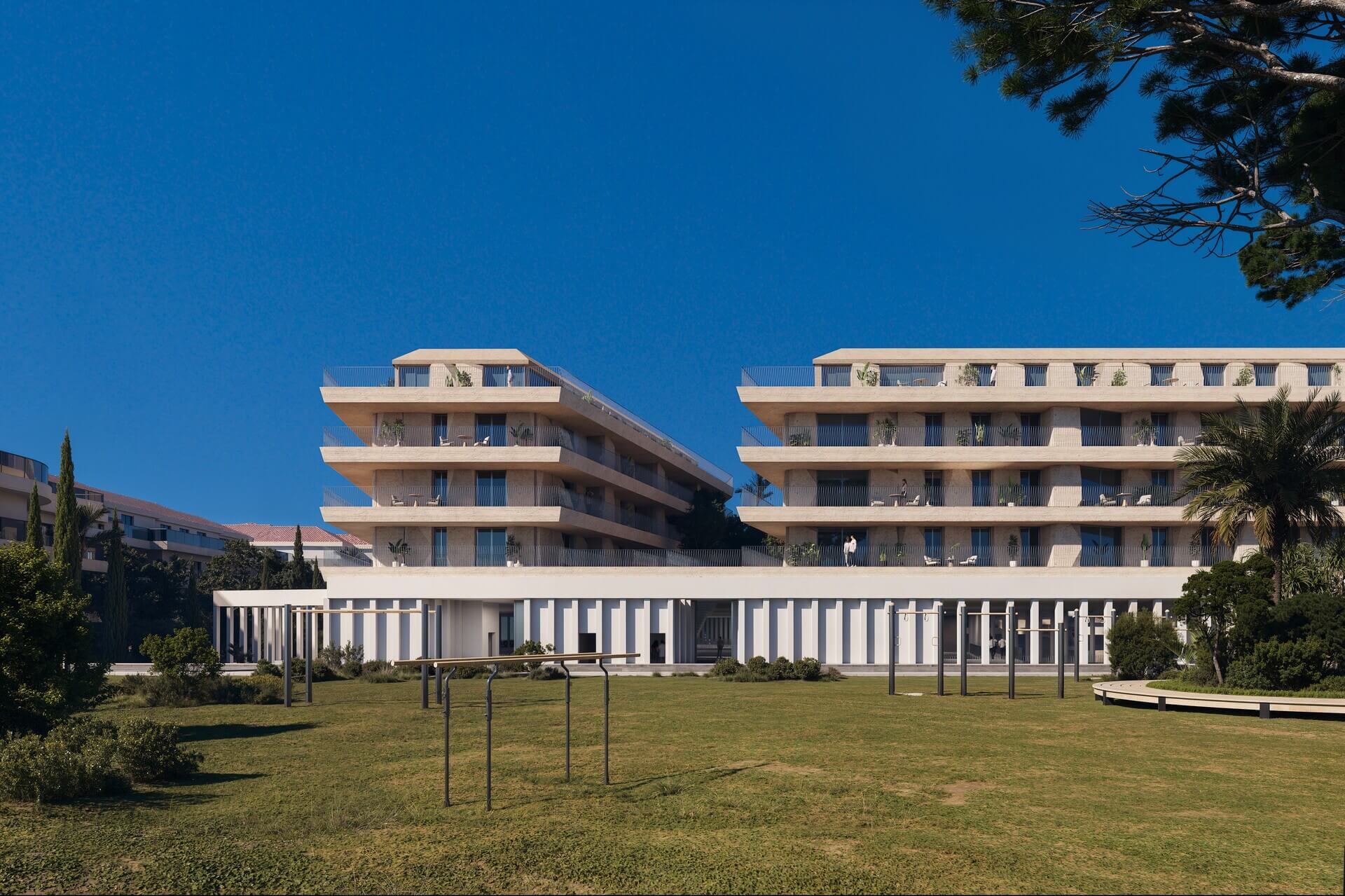 Wooncomplex omgeven door tuinen