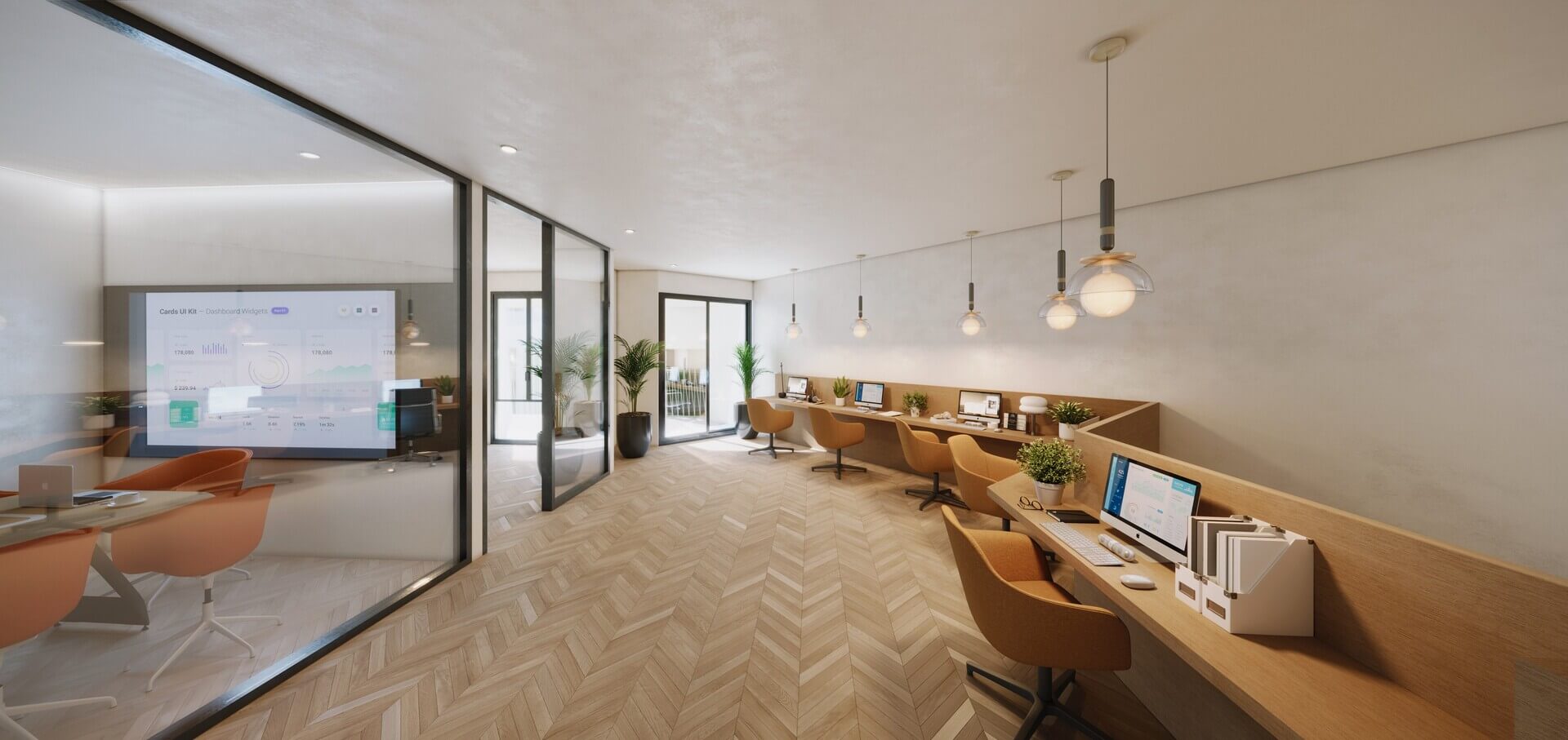 Loungeruimte met visgraat parket