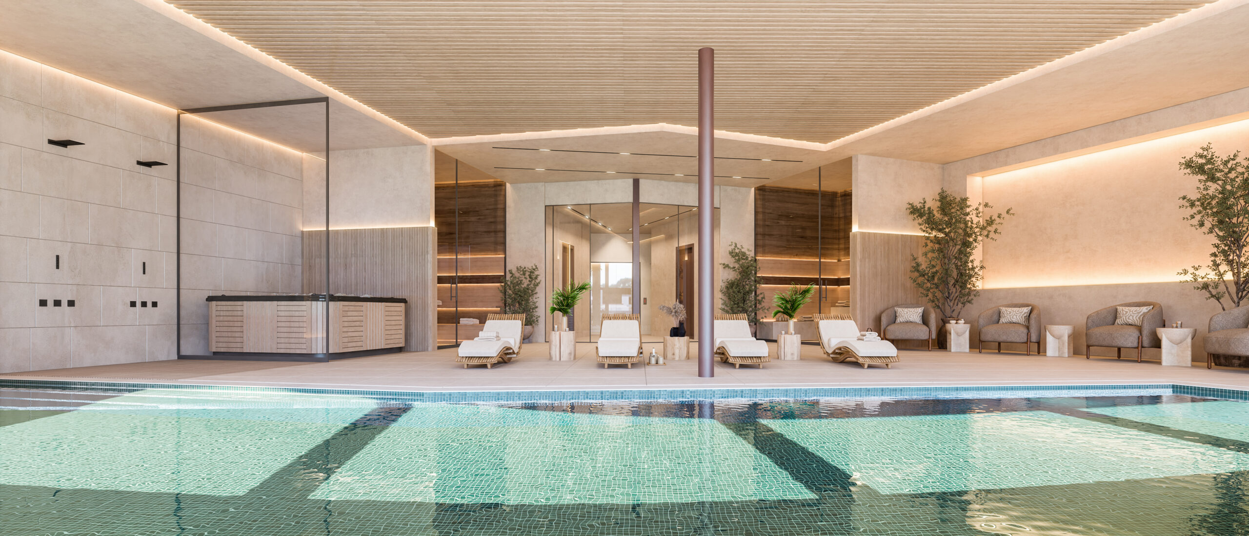 Indoor spa met verlicht zwembad tussen houten kolommen